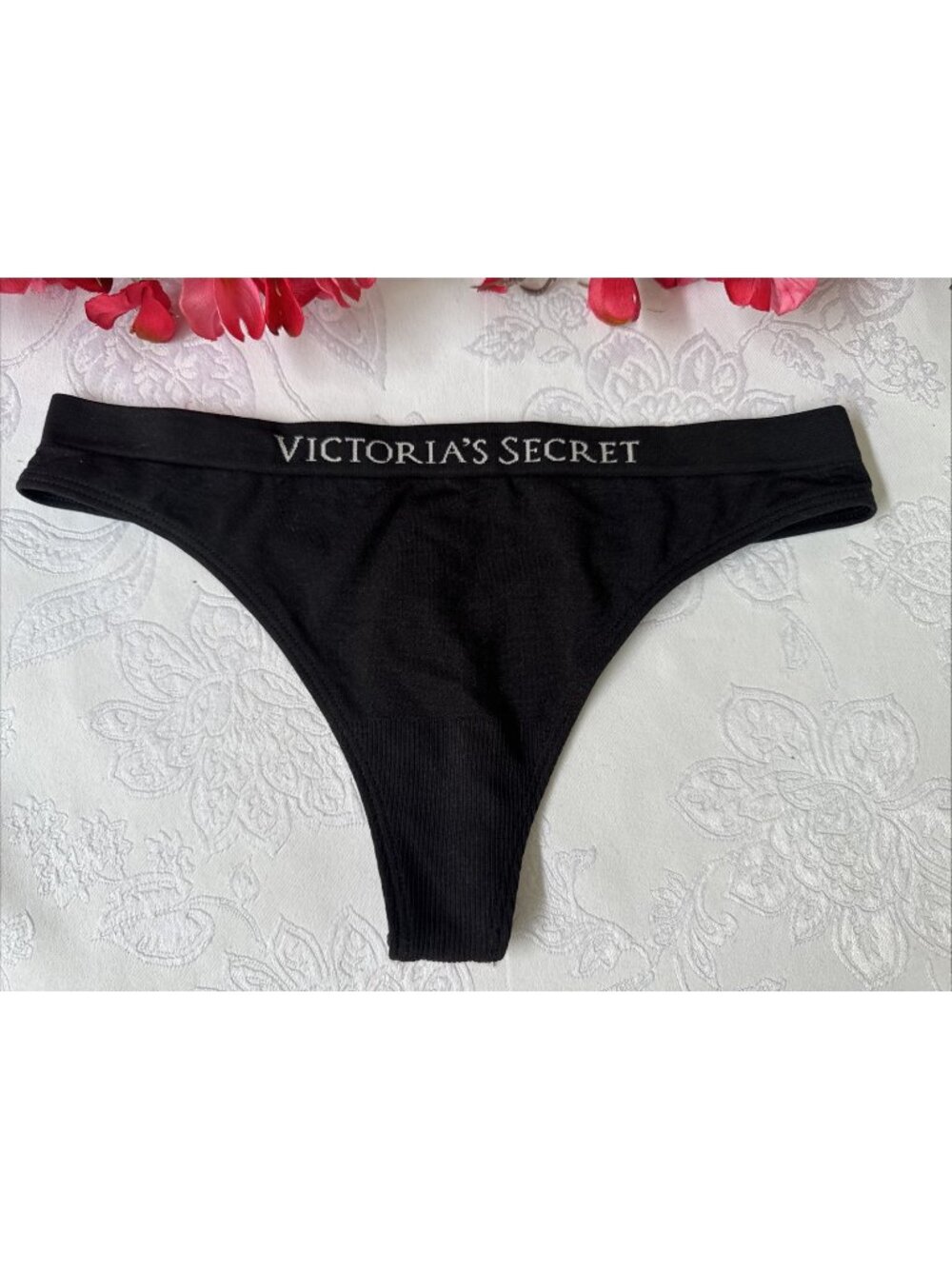 VICTORIA'S SECRET XS BLACK LOGO BAND STRING THONG PANTIES NWT